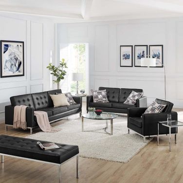Loft Tufted Upholstered Faux Leather 3 Piece Set EEI-4107-SLV-BLK-SET