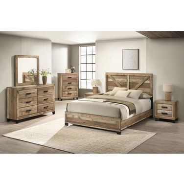 Logan MDF Solid Wood Panel Bedroom Set in Weathered Brown Pine