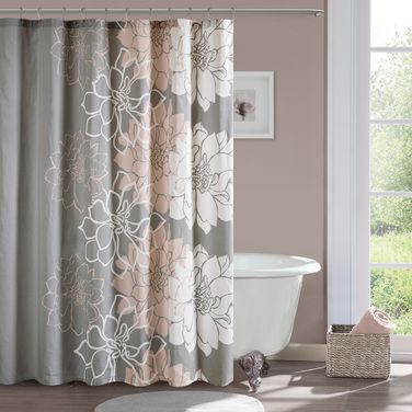 Lola Cotton Floral Printed Shower Curtain In Grey and Peach