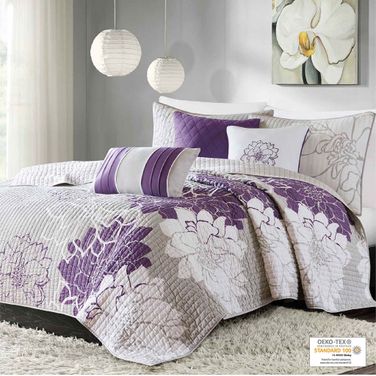 Lola Cotton Printed Fabric 6 Piece Quilted Queen Coverlet Set In Purple