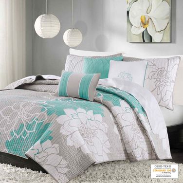 Lola Cotton Sateen Printed 6 Piece Queen Coverlet Set In Aqua