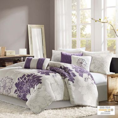Lola Cotton Sateen Printed Queen Comforter 7 Piece Set In Purple
