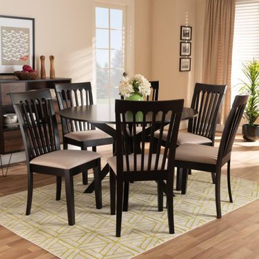 Lore Modern and Contemporary Sand Fabric Upholstered and Dark Brown Finished Wood 7-Piece Dining Set