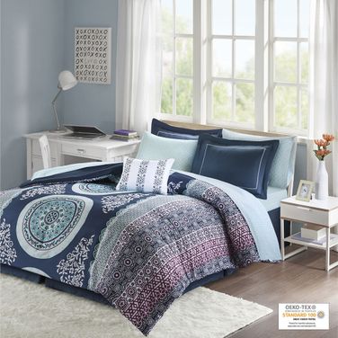 Loretta Polyester Brushed Microfiber Printed 9 Piece Comforter with Queen Sheet Set In Navy