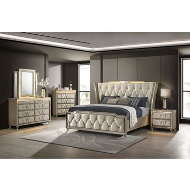 Lorient LED Upholstered Wingback Bedroom Set In Ivory and Camel