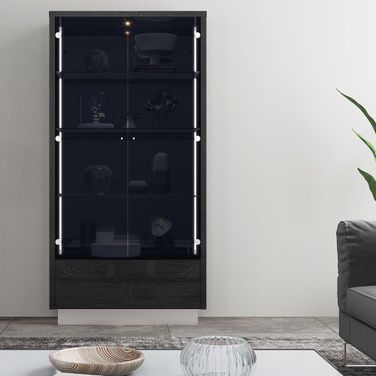 Los Angeles Vitrine Grey High Gloss Cabinet With Back Mirror And Led Light
