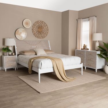 Louetta Caved Contrasting 3 Piece King Bedroom Set In White and Natural Brown