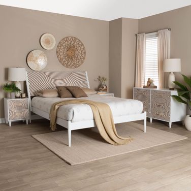 Louetta Caved Contrasting 4 Piece King Bedroom Set In White and Natural Brown