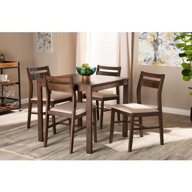 Lovy Modern And Contemporary Beige Fabric Upholstered Dark Walnut-Finished 5-Piece Wood Dining Set