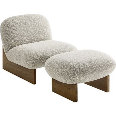 Loyal Boucle Fabric Accent Chair and Ottoman Set In River Rock and Walnut