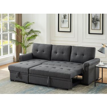 Lucca Dark Gray Linen Reversible Sleeper Sectional Sofa With Storage Chaise