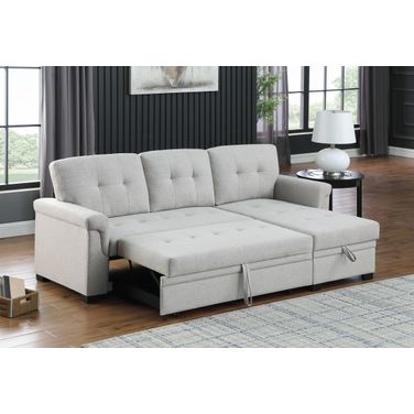 Lucca 84 Inch Linen Reversible Sleeper Sectional Sofa with Storage Chaise In Light Gray