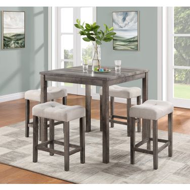 Lucian 5 Piece Counter Height 36 Inch Pub Table Set with Tufted Creamy White Linen Stools In Brown