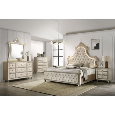 Lucienne Bedroom Set with LED In Beige Velvet