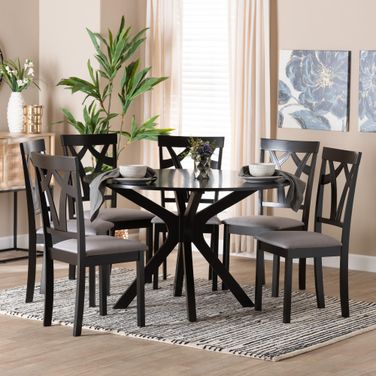 Luise Fabric and Wood 7-Piece Dining Set In Grey and Dark Brown