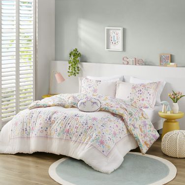 Lulu Floral Reversible Cotton 4 Piece Full/Queen Comforter Set with Throw Pillow In Purple