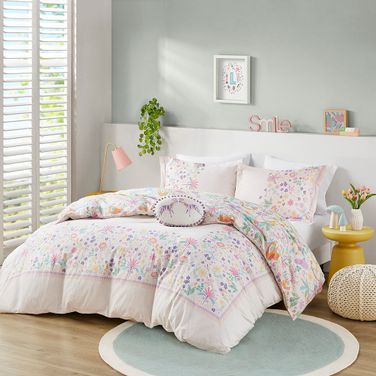 Lulu Floral Reversible Cotton 3 Piece Twin Duvet Cover Set with Throw Pillow In Purple