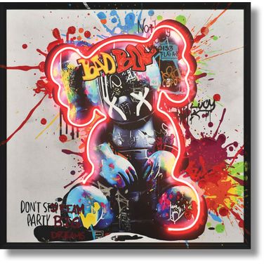 Luminous Graffiti Bear Mixed Media Art Canvas Neon Wall Art In Multi