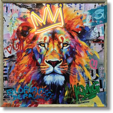 Luminous Lion with Crown Canvas Neon Wall Art In Multi