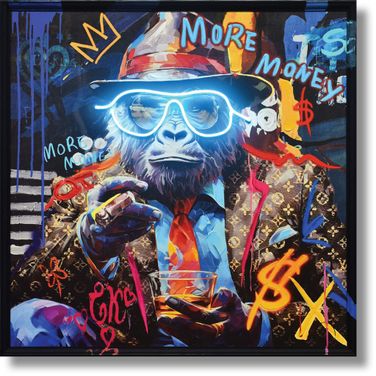 Luminous More Money Monkey Graffiti Art Canvas Neon Wall Art In Multi