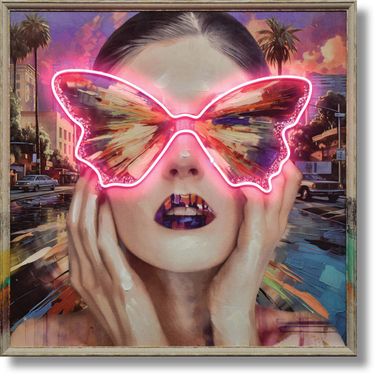 Luminous Neon Butterfly Sunglasses Canvas Neon Wall Art In Multi
