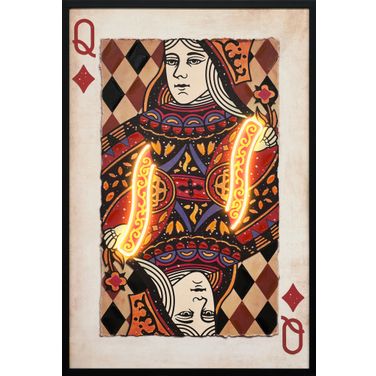 Luminous Royal Card IV - 37" x 25" - Hand-Embellished LED Canvas In Red/Orange/Blue