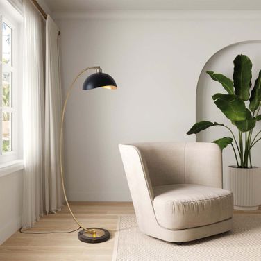 Luna Bella Gold-Leaf Shade 60 Inch Chairside Arc Floor Lamp In Matte Black and Weathered Brass