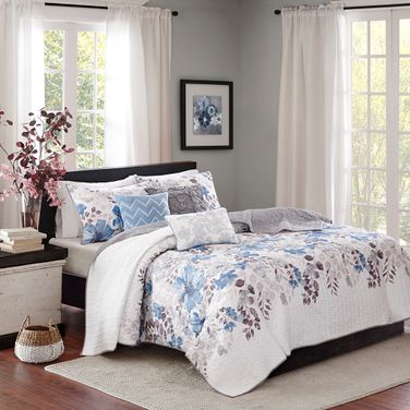 Luna 6 Piece Printed Quilt Set with Throw Pillows In Blue