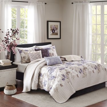 Luna 6 Piece Printed Quilt Set with Throw Pillows In Taupe