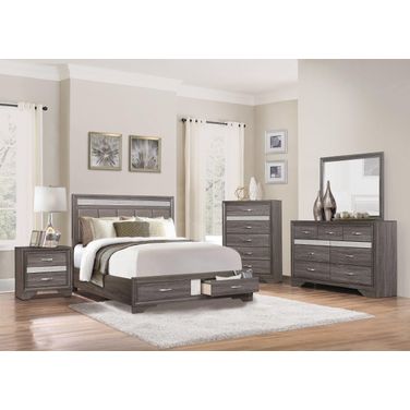 Luster Gray And Silver Glitter Upholstered Storage Platform Bedroom Set