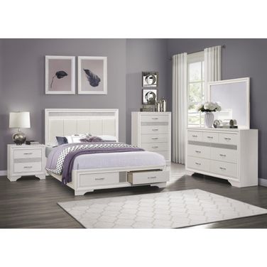 Luster White And Silver Glitter Storage Platform Bedroom Set