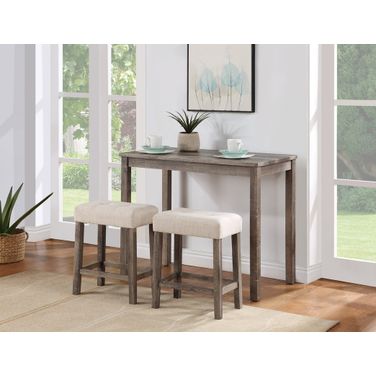 Lux 3 Piece Counter Height 36 Inch Pub Table Set with Tufted Creamy White Linen Stools In Brown