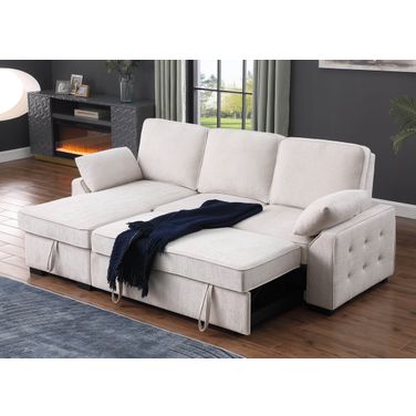Mackenzie 91 Inch Chenille Fabric Reversible Sleeper Sectional with Storage Chaise and Drop-Down Table In Beige