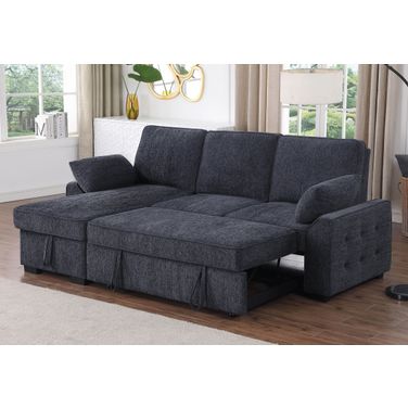 Mackenzie 91 Inch Chenille Fabric Reversible Sleeper Sectional with Storage Chaise and Drop-Down Table In Charcoal