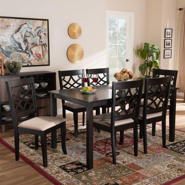 Mael Modern and Contemporary Sand Fabric Upholstered and Espresso Brown Finished Wood 7-Piece Dining Set