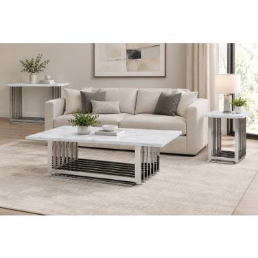 Magda Occasional Table Set In White Marble and Stainless Steel Base