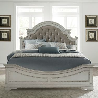 Magnolia Manor Antique White King Upholstered Panel Bed