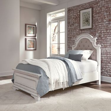Magnolia Manor Twin Upholstered Bed In Antique White and Weathered Bark