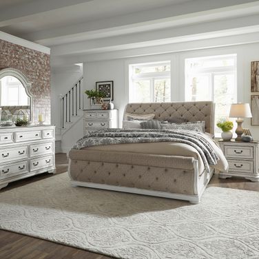 Magnolia Manor Antique White Upholstered Sleigh Bedroom Set