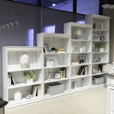Magnolia Manor Stepped Bookcase Wall In Antique White and Weathered Bark