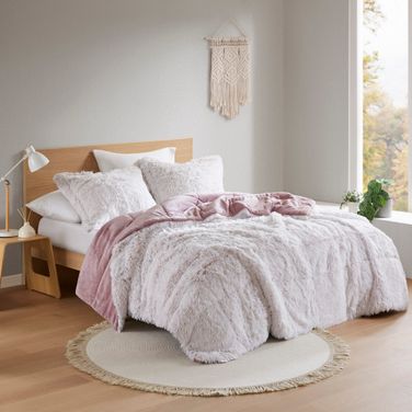 Malea Shaggy Faux Fur 2 Piece Twin/Twin XL Comforter Mini Set In Pink and White