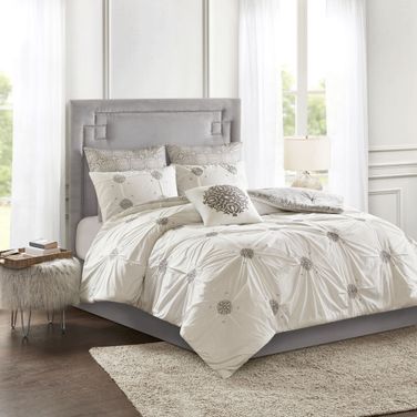 Malia Cotton 6 Piece King Comforter Set with Over All Embroidery In Ivory