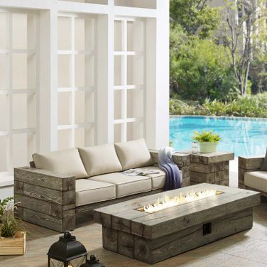 Manteo Light Gray Beige Rustic Coastal Outdoor Patio Sofa and Fire Pit Set
