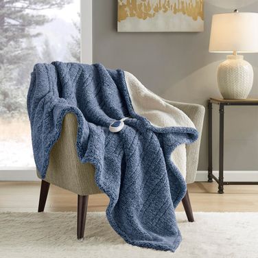 Marbled Sherpa Heated Throw In Blue