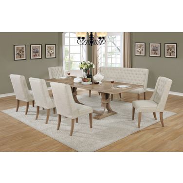Maribel Dining Room Set In Beige Linen Fabric and Rustic Natural Wood