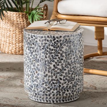 Marilla Mother of Pearl Capiz Shell Ottoman Footstool In Black and White