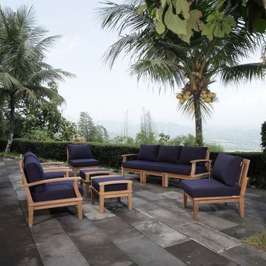Marina 9 Piece Outdoor Patio Teak Set In Natural and Navy