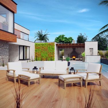 Marina 5 Piece Outdoor Patio Teak Set In Natural and White