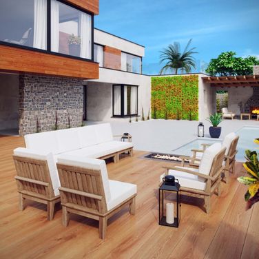 Marina 8 Piece Outdoor Patio Teak Set In Natural and White