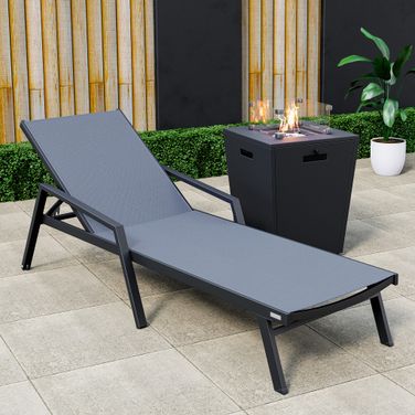 Marlin Outdoor Patio Chaise Lounge Chair With Arms and Square Fire Pit Side Table In Dark Grey/Black